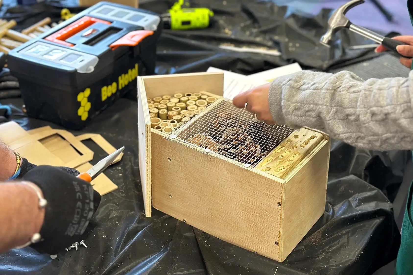 Bee hotel participant decorating with pine cones