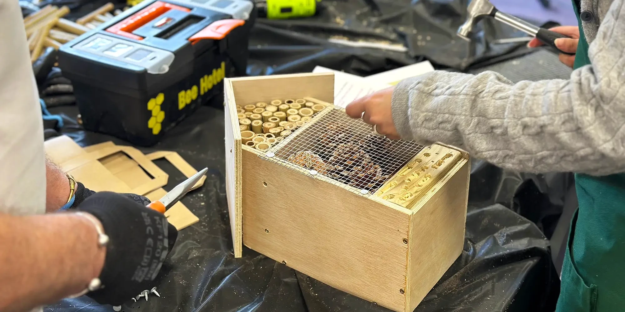 Bee hotel participant decorating with pine cones