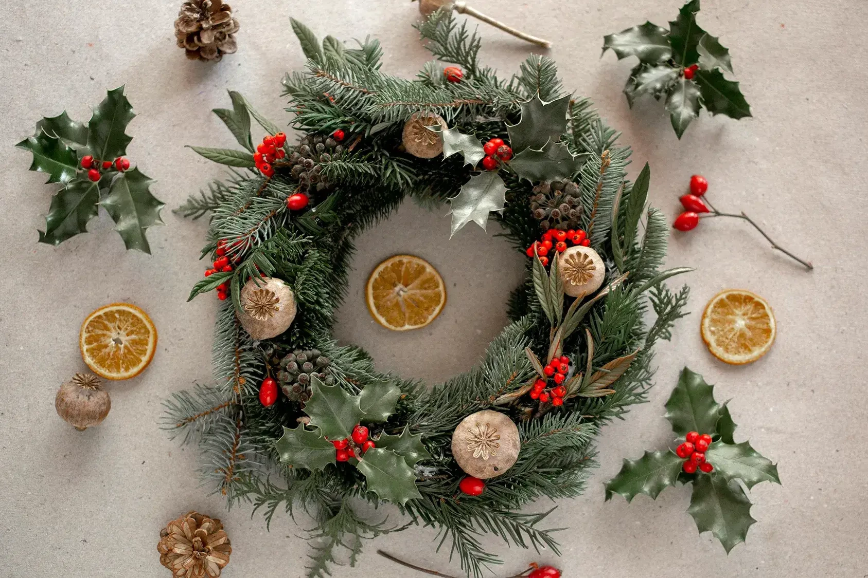 Christmas wreath making kit with dried fruit decorations