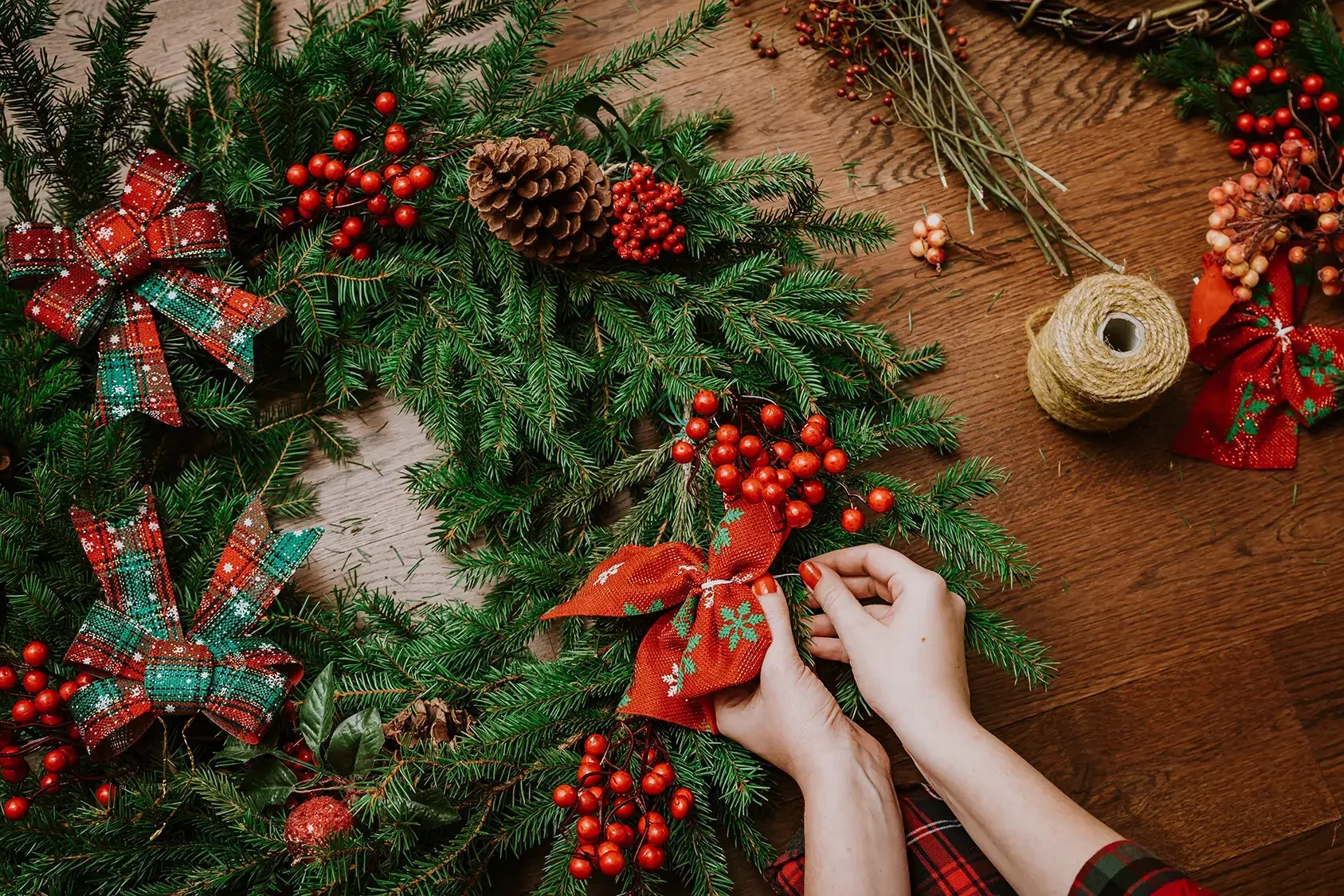 Festive Christmas wreath decoration in corporate team building event