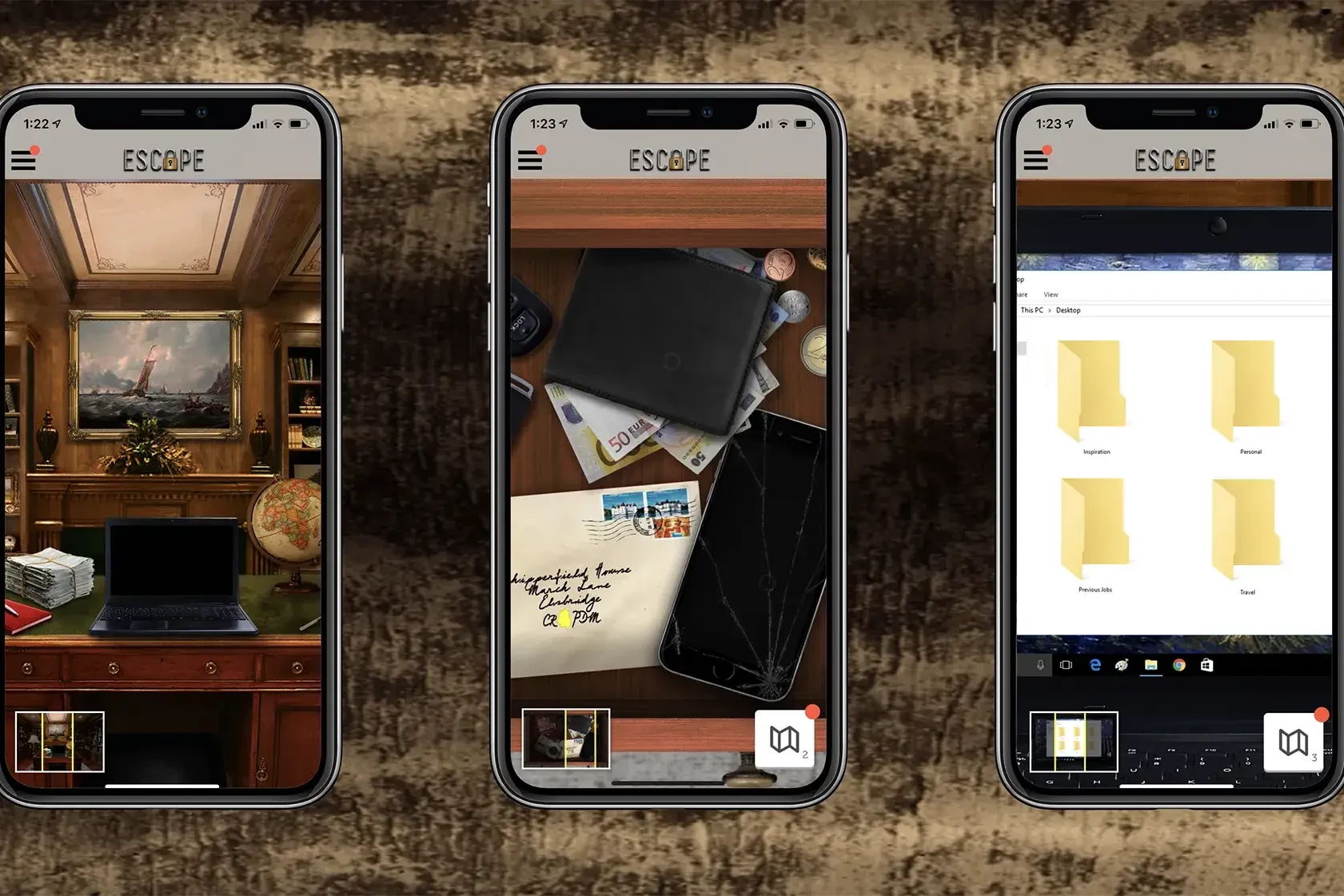 Virtual Escape Room team building smartphone demo screens