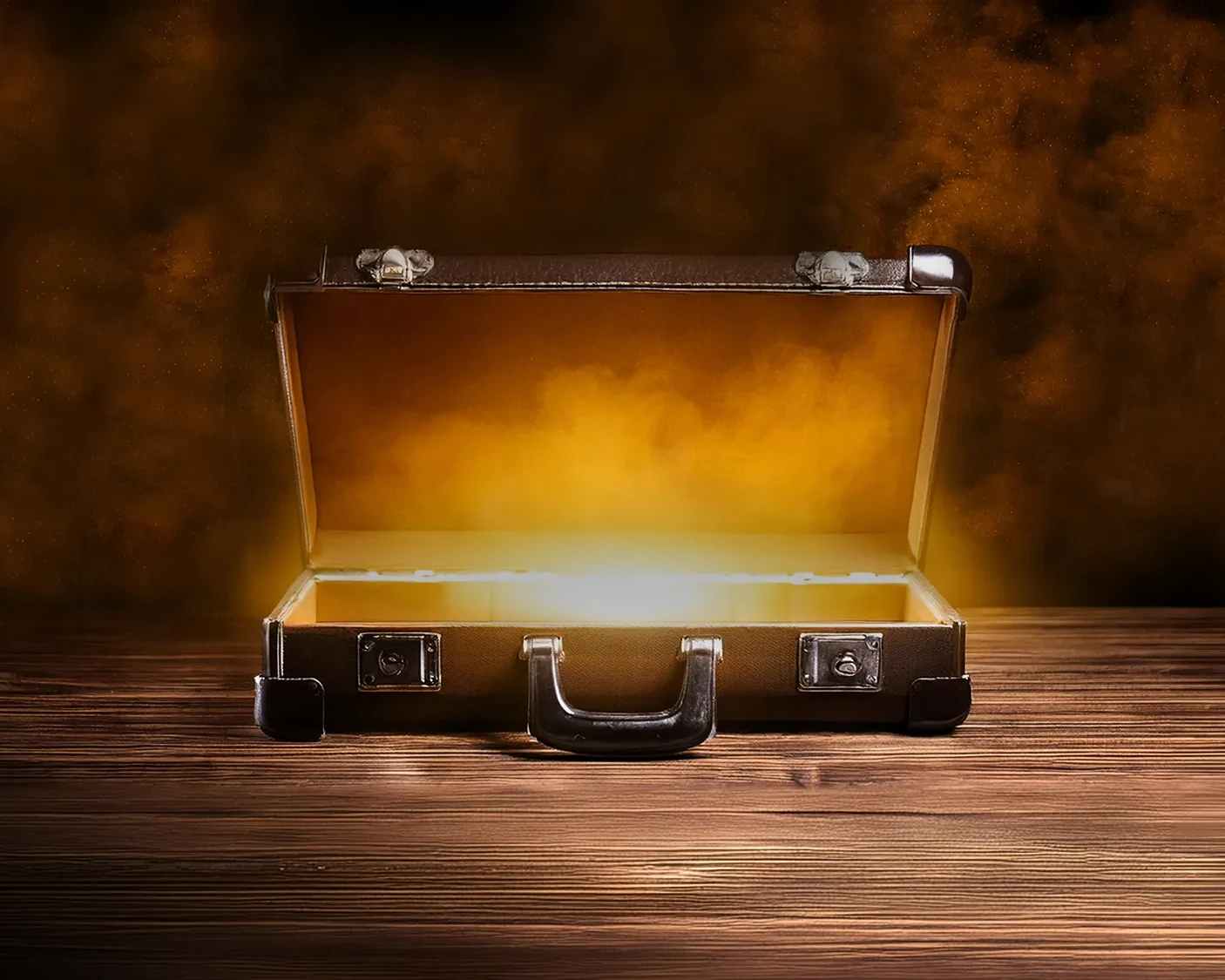 briefcase for Fortune Hunters team building event with smoke and light