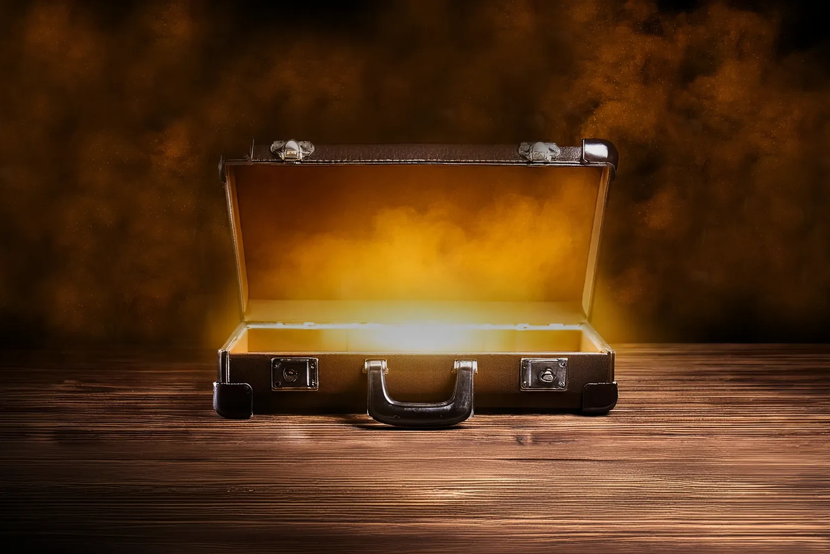 briefcase for Fortune Hunters team building event with smoke and light