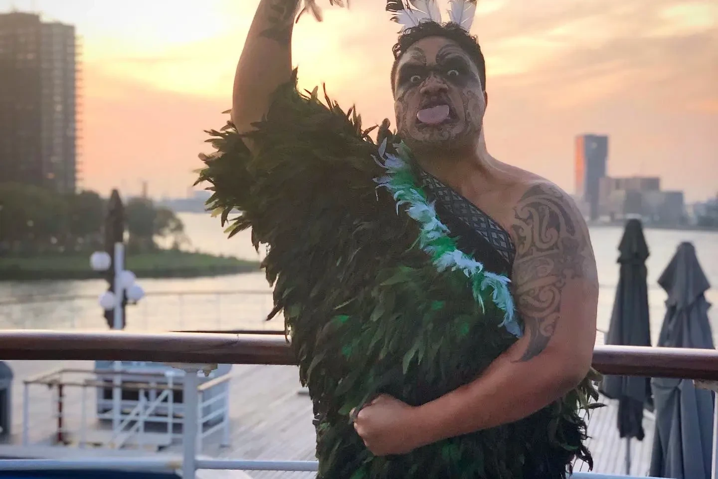 Haka performer on a boat