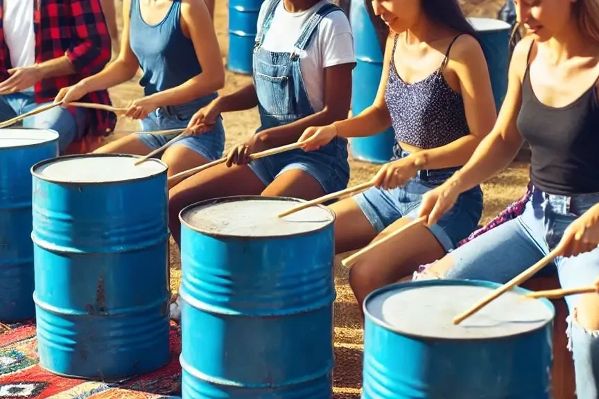 junk funk team building participants drumming on barrels at festival