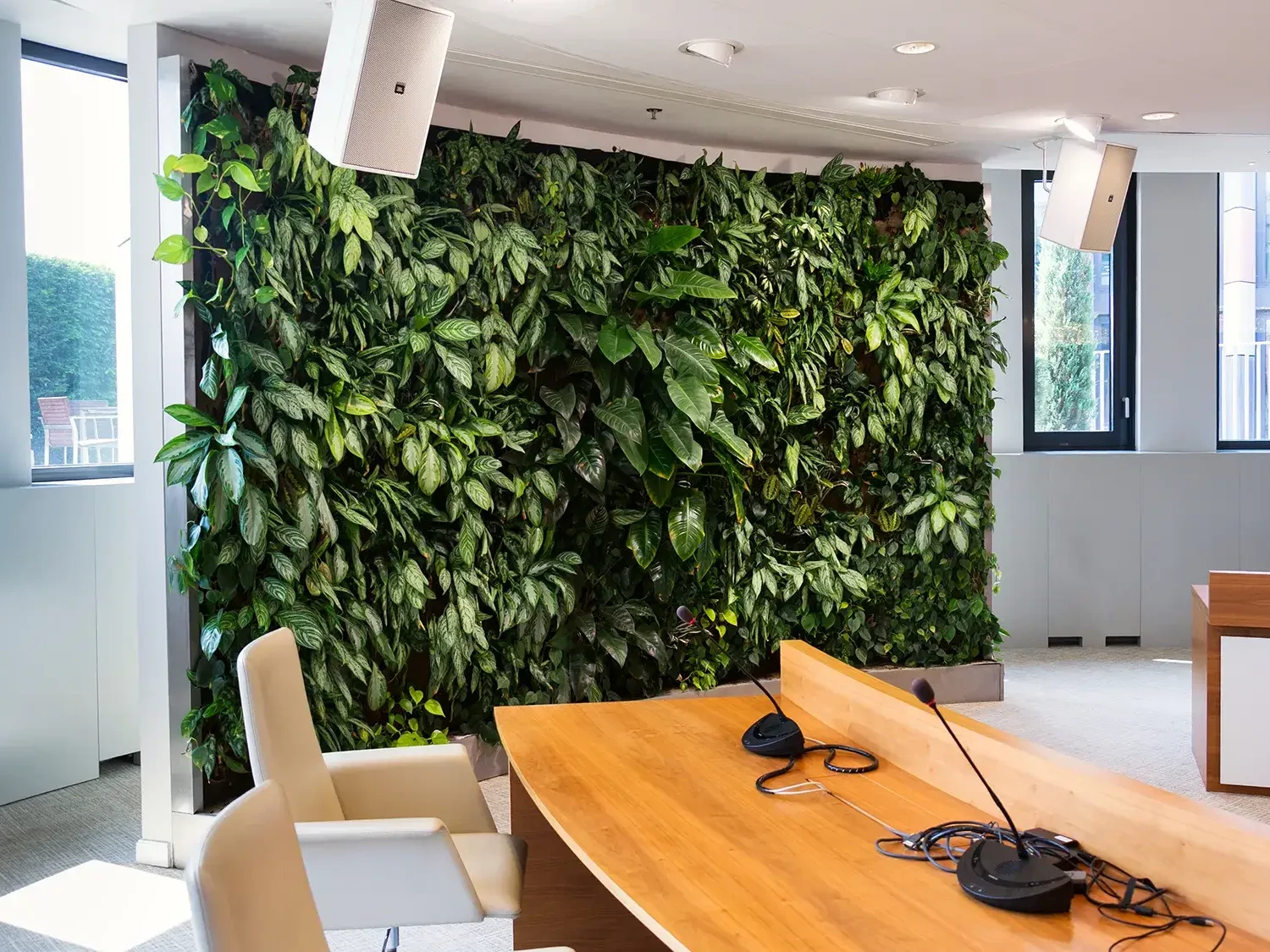 Large green living wall in office conference room