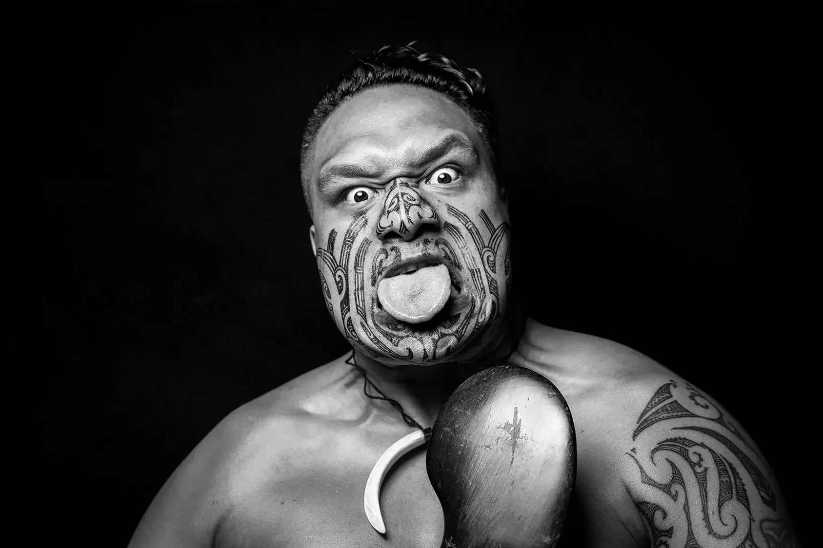 Maori Haka performer close up