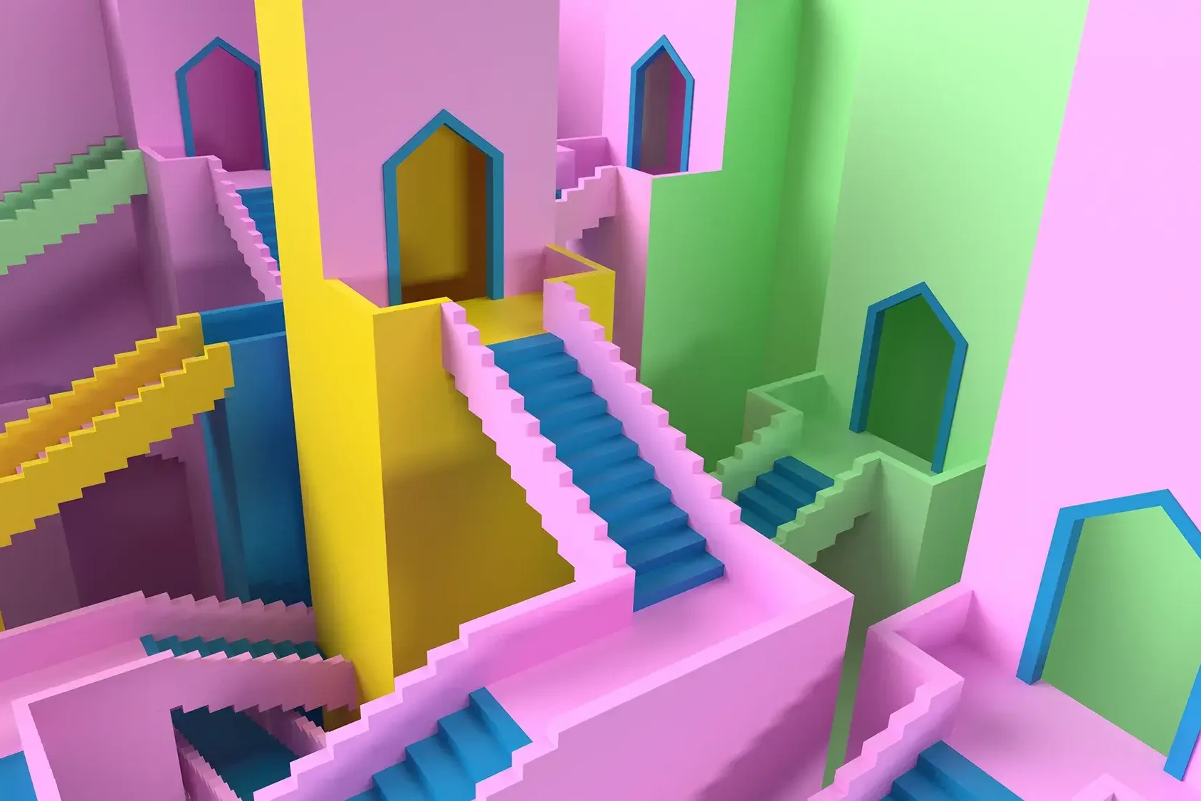 Squid Game lobby with colourful walls and stairs