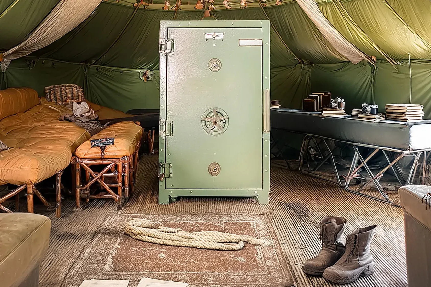 VR Escape Room with large safe in a tent